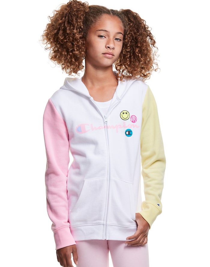 Sudadera Con Capucha Champion Niña - Colorblock Fleece Full Zip Smiley Face ( Blancas/Rosas/Amarillo